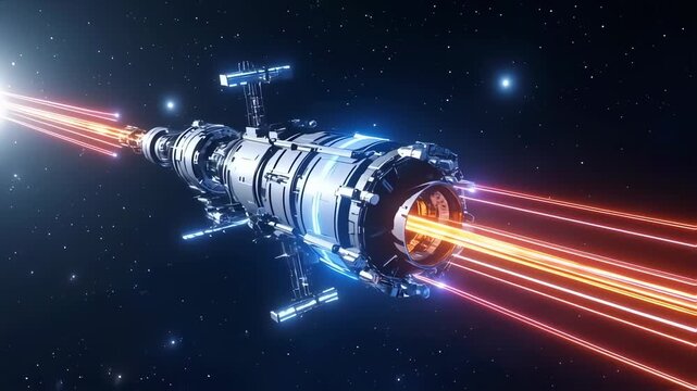 Futuristic spacecraft firing energy beams into space with celestial objects in the background