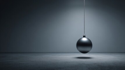 Suspended Metallic Sphere Casting Shadow in Minimalistic Dark Space with Soft Lighting and Smooth Texture