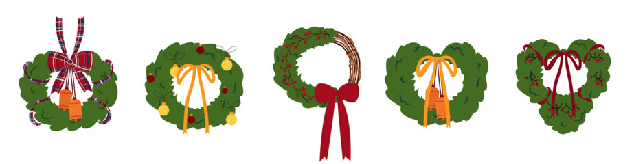Set of Christmas wreaths. Vector round frames. Christmas wreath frame. Fir branches with Christmas decorations, ribbons, bows, bells, holly berries, and baubles.