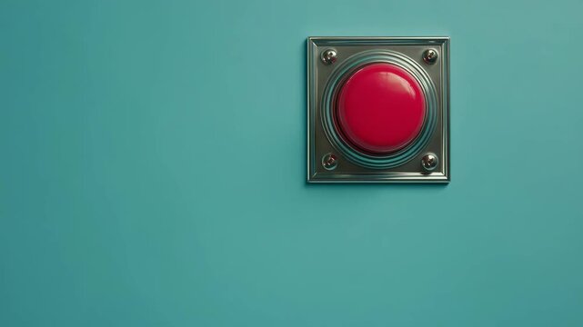 Curious hand reaches for big red button on vibrant blue wall in playful setting