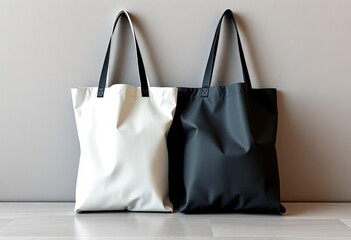 A pair of blank tote bags; one white, one black, side by side,  item,  bags