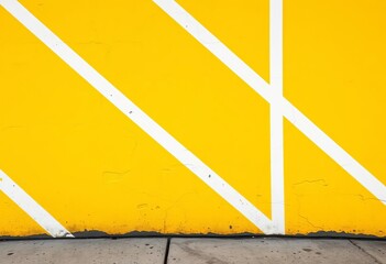 A vibrant yellow wall stands out, bisected by crisp white lines, creating a graphic urban texture,  city photography,  street scene