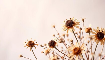 Delicate dried flowers, pastel hues, airy light background,  herbarium, dried flowers