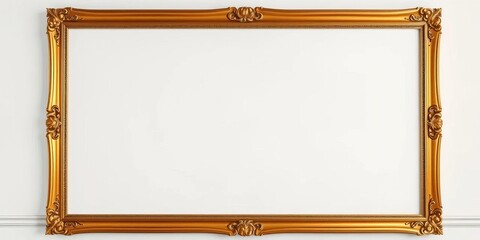 Elegant gold frame against a pristine white wall ,  clean,  empty frame