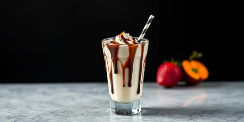 Creamy milk cocktail with chocolate drizzle, dark background,  gourmet,  tasty