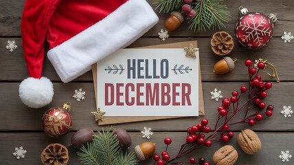 Hello december text with christmas ornaments and winter decoration