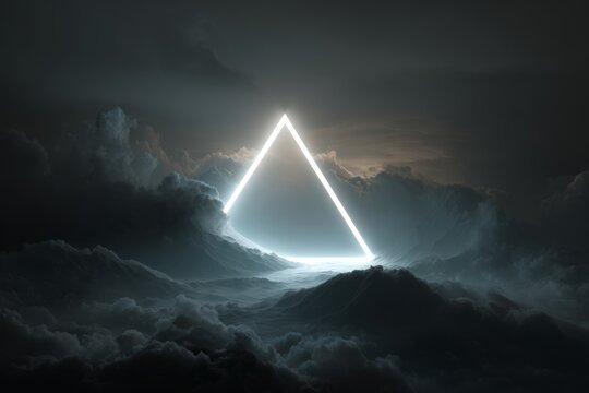 A glowing triangular portal opens above the mountains, radiating mysterious cosmic light.