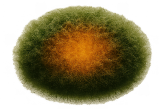 Green and orange mold or fungus colony growing, abstract biology and science concept with transparent background