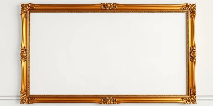 Elegant gold frame against a pristine white wall ,  clean,  empty frame