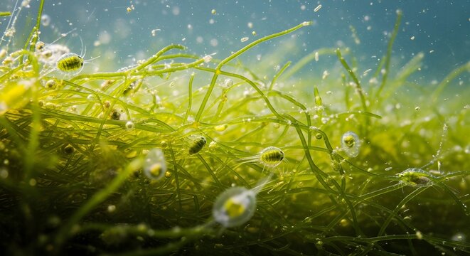 Detailed close-up of filamentous freshwater algae underwater, showing strands with tiny oxygen bubbles. Represents natural aquatic habitat and photosynthetic activity.