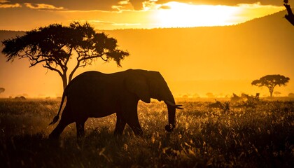 Obraz premium African Elephant Silhouette at Sunset - A Majestic Wildlife Scene.