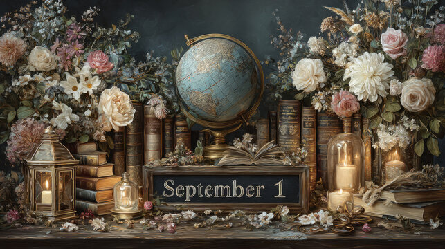 globe, books, bell, bouquet, chalkboard with September 1