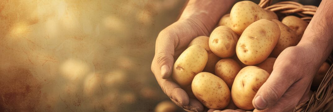 Farmer holding basket of freshly harvested potatoes - Powered by Adobe