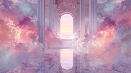 Fototapeta premium Dreamlike palace hallway surrounded by pastel clouds