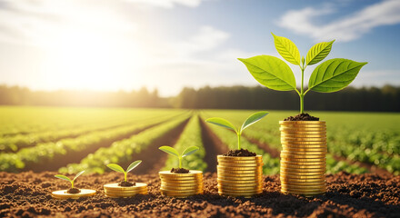 Young plant growing on coins stack in the farm for investment business and finance concept