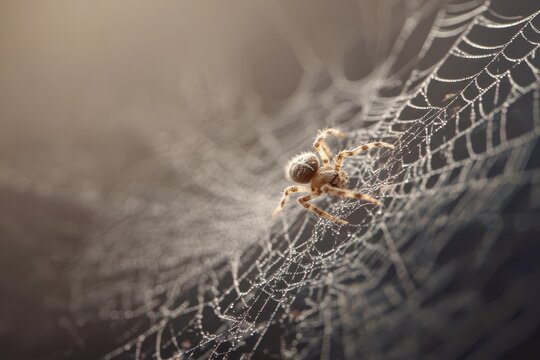 Detailed close-up of a spider weaving a delicate web with white threads, capturing natures artistry in a serene environment at dawn