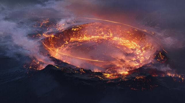 Aerial view of explosive volcanic eruption crater