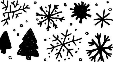 Illustration set of snowflakes and trees in black and white. Simple vector design featuring hand-drawn textures for winter themes.