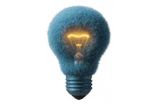 Furry blue light bulb illuminating representing a soft idea, innovation, creativity, and unique solution on transparent background