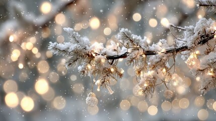 Beautiful Winter Scene with Snowy Branches and Glowing Christmas Lights in Soft Focus Background