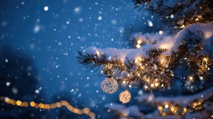 Snowfall on Christmas Tree Decorated with Lights and Ornaments During Winter Evening