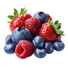 Fresh ripe strawberries blueberries and raspberries pile with water droplets isolated on black
