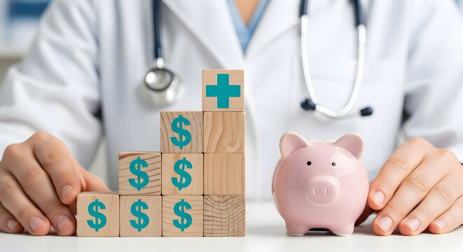 Healthcare cost growth concept with doctor, piggy bank, and wooden blocks showing increasing dollar signs