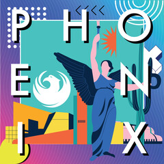 Phoenix culture travel set, American famous architectures, USA in flat design. Business travel, Memphis tourism concept clipart. Image for presentation, banner, website, advert, flyer, roadmap, icons