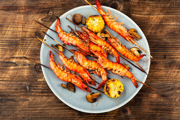 Shrimp kebab, skewers with grilled langoustines.