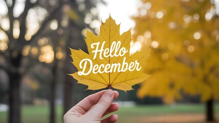 Hand holding a yellow maple leaf with hello december text in autumn