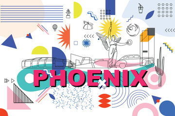 Phoenix culture travel set, American famous architectures, USA in flat design. Business travel, Memphis tourism concept clipart. Image for presentation, banner, website, advert, flyer, roadmap, icons