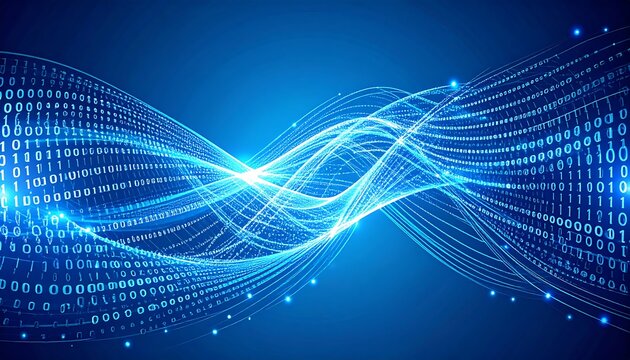 Abstract digital background with binary code and flowing lines.