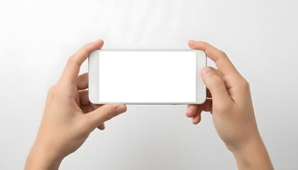 Hands holding smartphone with blank white screen ready for your amazing content