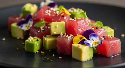 A stack of fresh tuna tartare on a dark matte plate with sliced avocado.