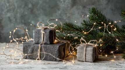 Cozy Holiday Gift Boxes Wrapped in Natural Twine Surrounded by Warm Fairy Lights and Evergreen Branches
