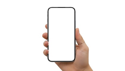 Mockup of modern phone with blank screen held in hand ready for your design