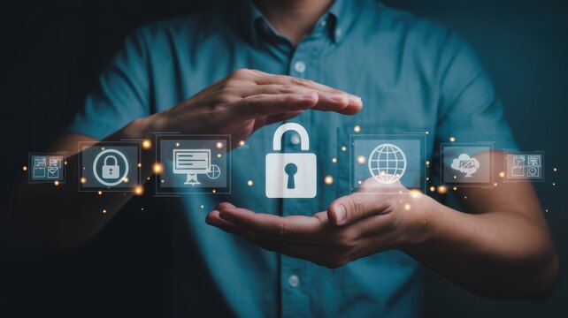 Businessman holding virtual padlock icon for data protection and network security to protect personal information access cyber security concept
