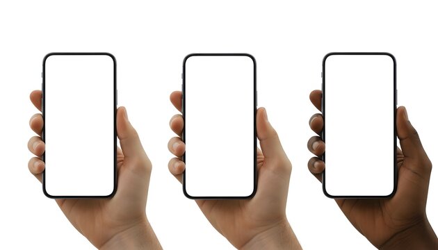 Diverse hands holding phones with blank screens mockup for app promotion design