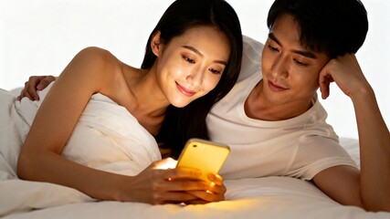Couple using smartphone in bed