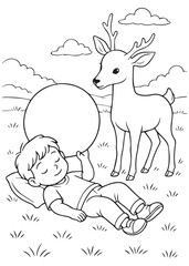 coloring book boy lying with balloon beside deer