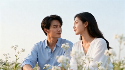 Couple in a field of white flowers