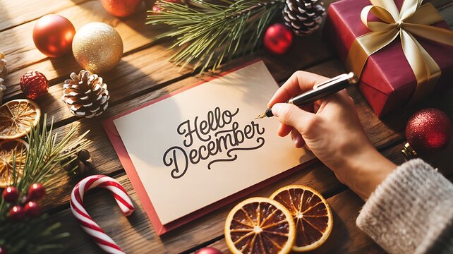 Hand writing hello december on a card surrounded by christmas decorations