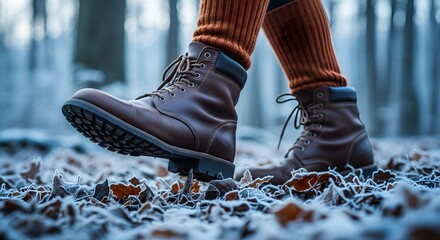 Close-up of boots walking on snowy forest path
