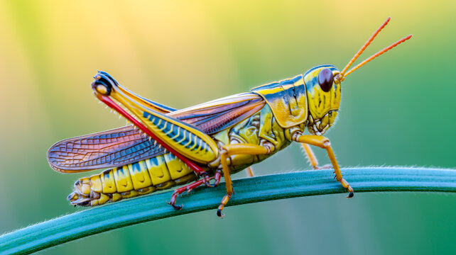 A macro photograph of a detailed grasshopper perched on a thin blue-green stem - Powered by Adobe