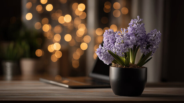 Evening scene with laptop and purple hyacinths in black pot on wooden table for relaxed