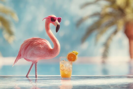 Bright flamingo bird in sunglasses leisurely enjoying drinks by the poolside surrounded by tropical palms during a sunny day