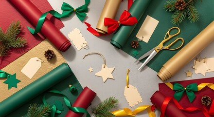 Christmas gift wrapping materials on creative table