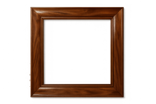 Wooden picture frame isolated on a transparent background, featuring a rich brown color and elegant grain