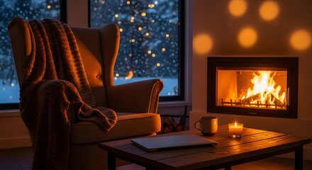 Cozy living room with fireplace and armchair at night