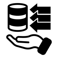 Storage info solid icon, osint analytics concept. Vector graphics. Disks data array with arrows and hand sign on white background, style icon mobile or web design.